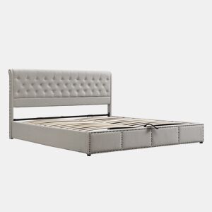 Cama contentora estofada em linho - decorada com rebites - com estrado de ripas - 140x200cm - Cinzento claro