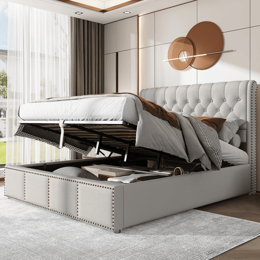 Cama contentora estofada em linho - decorada com rebites - com estrado de ripas - 140x200cm - Cinzento claro