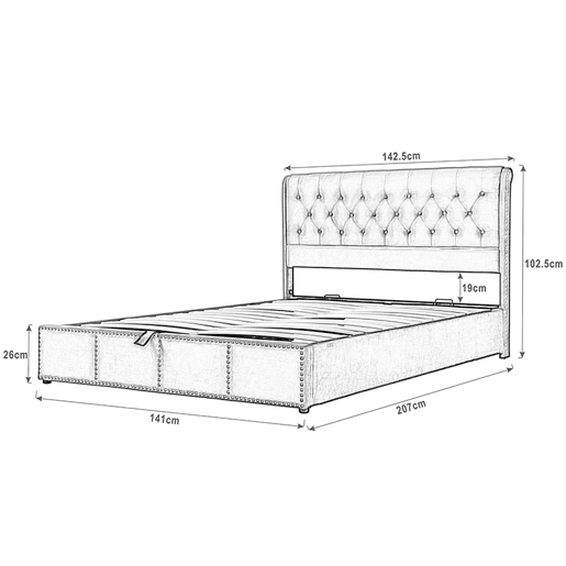Cama contentora estofada em linho - decorada com rebites - com estrado de ripas - 140x200cm - Cinzento claro