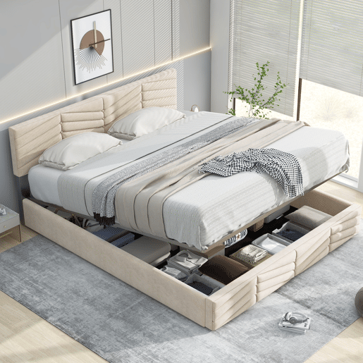Cama de contentor em veludo com estrado de ripas + cabeceira regulável - 140x200cm - Bege