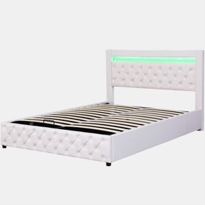 Cama contentora estofada em pele com LED - 140x200cm - com estrado de ripas - Branco