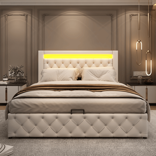 Cama contentora estofada em pele com LED - 140x200cm - com estrado de ripas - Branco