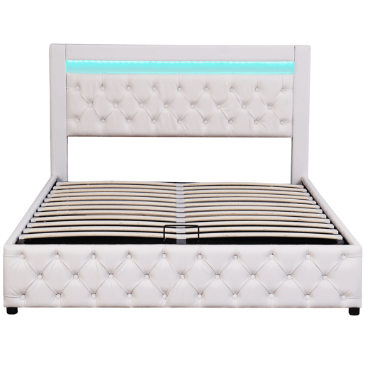 Cama contentora estofada em pele com LED - 140x200cm - com estrado de ripas - Branco