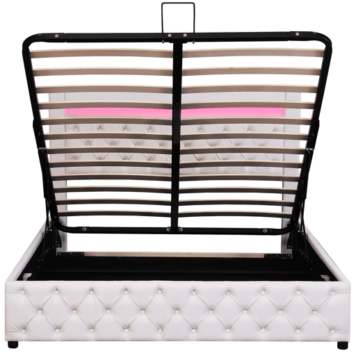 Cama contentora estofada em pele com LED - 140x200cm - com estrado de ripas - Branco