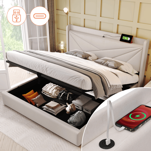 Cama contentora em tecido de linho 160x200 cm - com porta USB e estrado - Bege