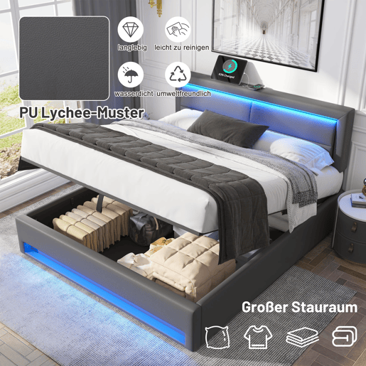 Cama contentora em pele sintética de 140x200 cm com LED - com portas de carregamento (com e sem fios) - Cinzento