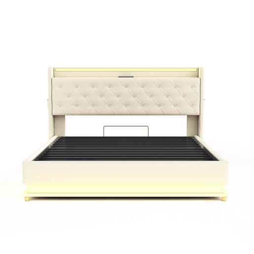 Cama confortável estofada com LED 160x200 cm - com porta de carregamento USB - Tecido de linho - Bege Cama confortável estofada com LED 160x200 cm - com porta de carregamento USB - Tecido de linho - Bege