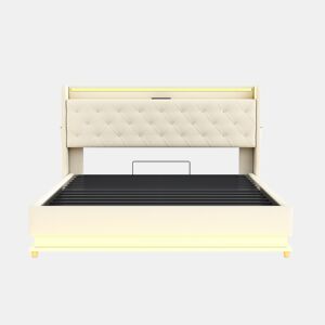 Cama confortável estofada com LED 160x200 cm - com porta de carregamento USB - Tecido de linho - Bege
