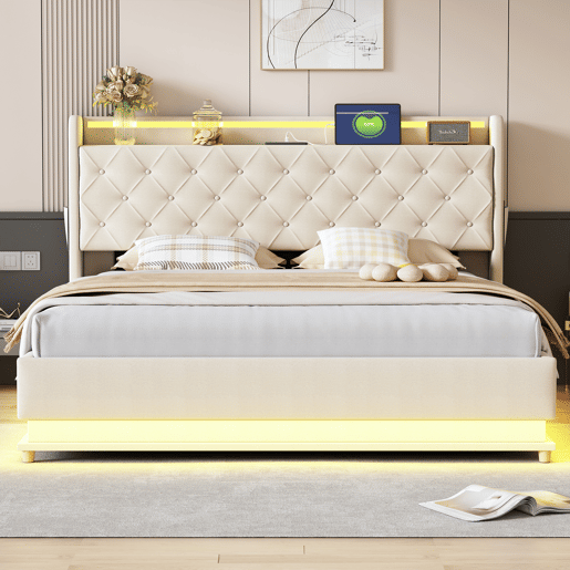 Cama confortável estofada com LED 160x200 cm - com porta de carregamento USB - Tecido de linho - Bege Cama confortável estofada com LED 160x200 cm - com porta de carregamento USB - Tecido de linho - Bege