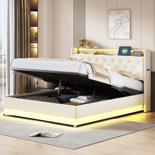 Cama confortável estofada com LED 160x200 cm - com porta de carregamento USB - Tecido de linho - Bege Cama confortável estofada com LED 160x200 cm - com porta de carregamento USB - Tecido de linho - Bege