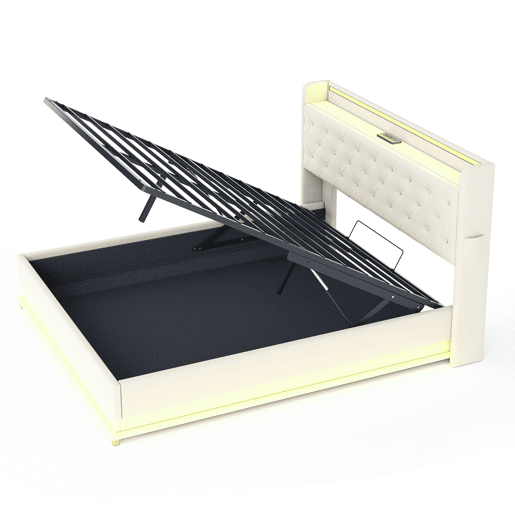 Cama confortável estofada com LED 160x200 cm - com porta de carregamento USB - Tecido de linho - Bege Cama confortável estofada com LED 160x200 cm - com porta de carregamento USB - Tecido de linho - Bege