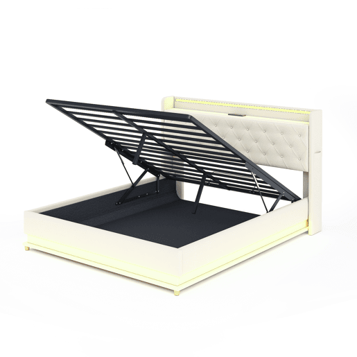 Cama confortável estofada com LED 160x200 cm - com porta de carregamento USB - Tecido de linho - Bege Cama confortável estofada com LED 160x200 cm - com porta de carregamento USB - Tecido de linho - Bege