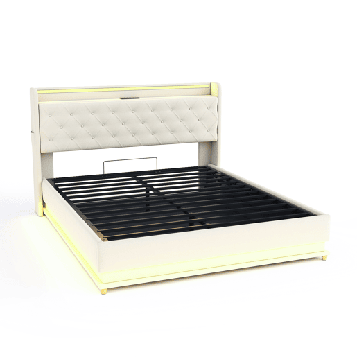 Cama confortável estofada com LED 160x200 cm - com porta de carregamento USB - Tecido de linho - Bege Cama confortável estofada com LED 160x200 cm - com porta de carregamento USB - Tecido de linho - Bege