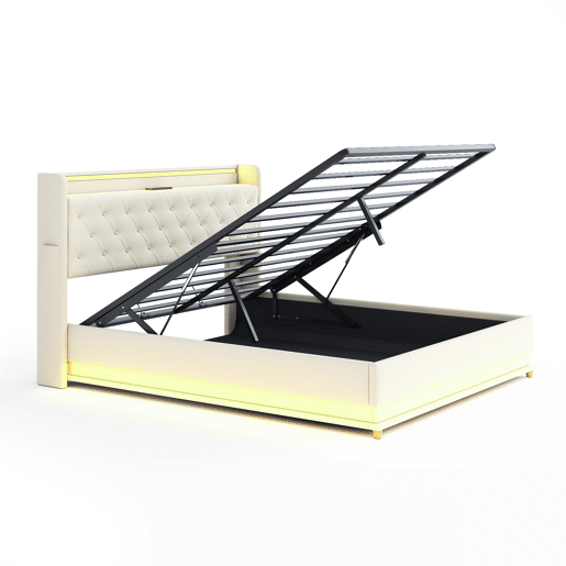 Cama confortável estofada com LED 160x200 cm - com porta de carregamento USB - Tecido de linho - Bege Cama confortável estofada com LED 160x200 cm - com porta de carregamento USB - Tecido de linho - Bege