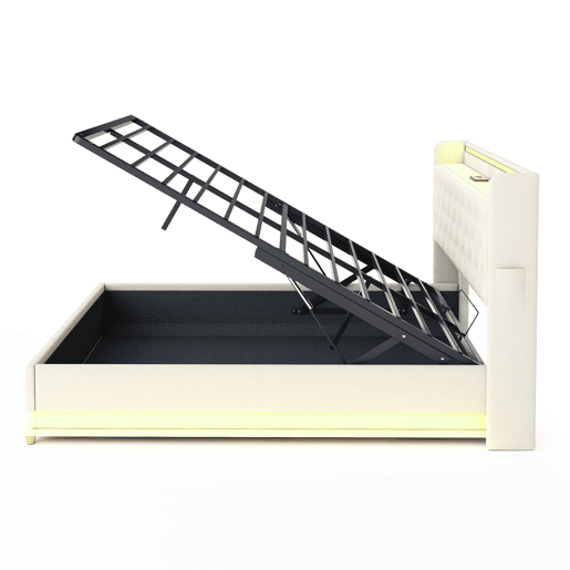 Cama confortável estofada com LED 160x200 cm - com porta de carregamento USB - Tecido de linho - Bege Cama confortável estofada com LED 160x200 cm - com porta de carregamento USB - Tecido de linho - Bege