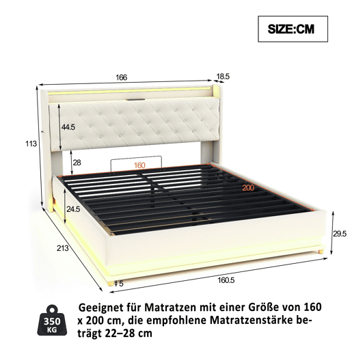 Cama confortável estofada com LED 160x200 cm - com porta de carregamento USB - Tecido de linho - Bege Cama confortável estofada com LED 160x200 cm - com porta de carregamento USB - Tecido de linho - Bege