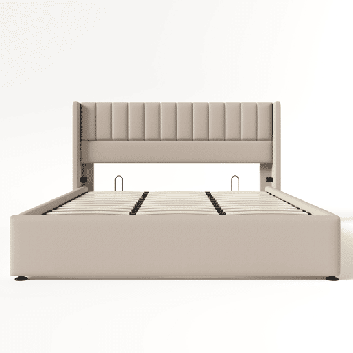 Cama contentora estofada em linho 180x200cm com estrado de ripas - Bege