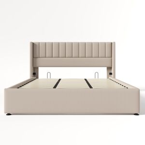 Cama contentora estofada em linho 180x200cm com estrado de ripas - Bege