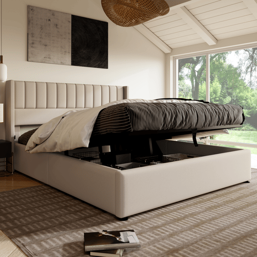 Cama contentora estofada em linho 180x200cm com estrado de ripas - Bege