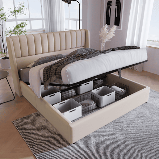 Cama contentora estofada em linho 180x200cm com estrado de ripas - Bege