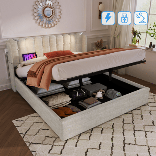 Cama contentora estofada com LED e portas de carregamento USB - 160x200cm - tecido de linho - com estrado de molas - Bege