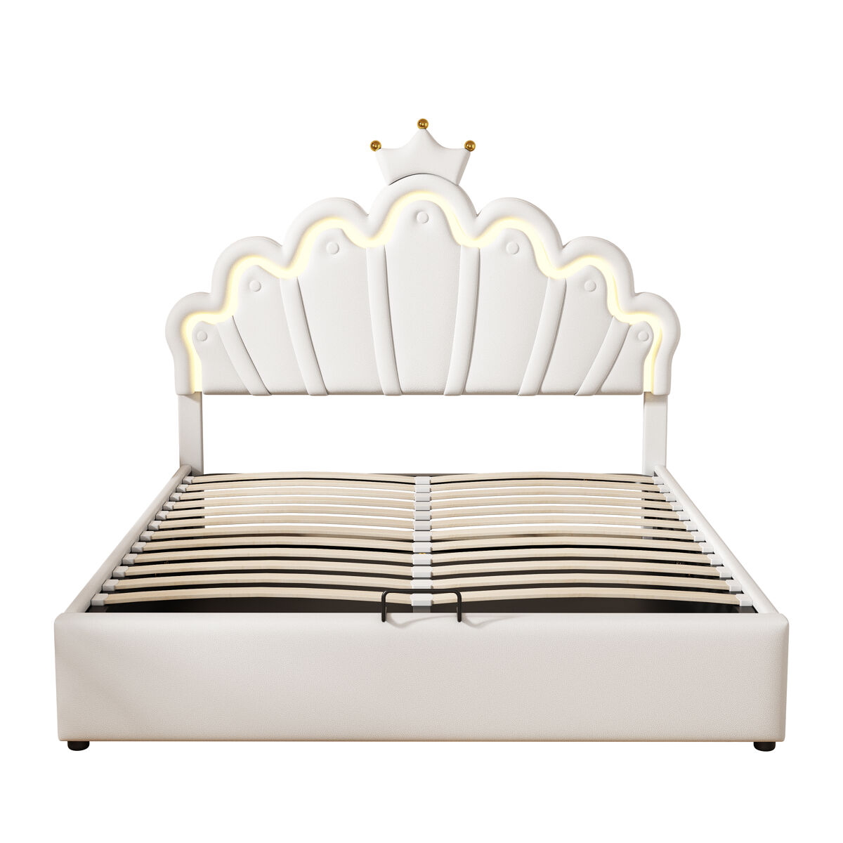 Cama tapizada princesa 140x200 cm - iluminación led regulable y corona - blanco