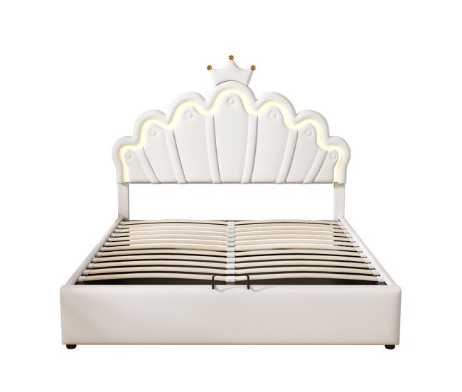 Cama tapizada princesa 140x200 cm - iluminación led regulable y corona - blanco