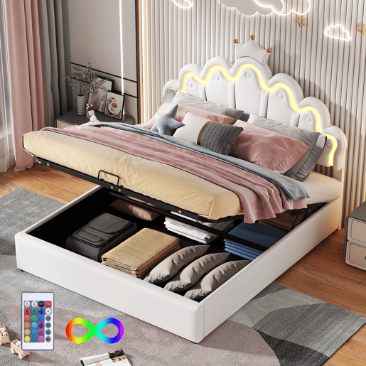 Cama estofada princesa 140x200 cm - iluminação LED regulável e coroa - branco