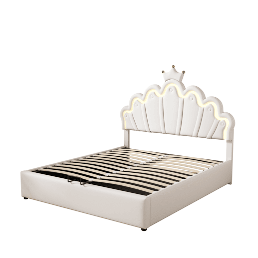 Cama estofada princesa 140x200 cm - iluminação LED regulável e coroa - branco