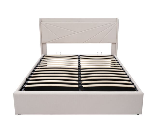 Cama contenedor de tela de lino 140x200 cm - con puerto usb y somier - beige