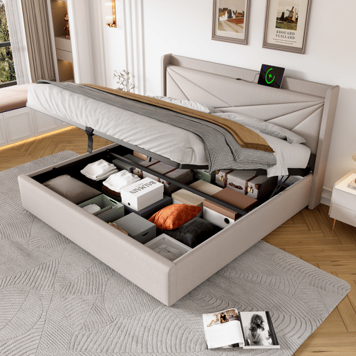 Cama contentora em tecido de linho 140x200 cm - com porta USB e estrado - Bege