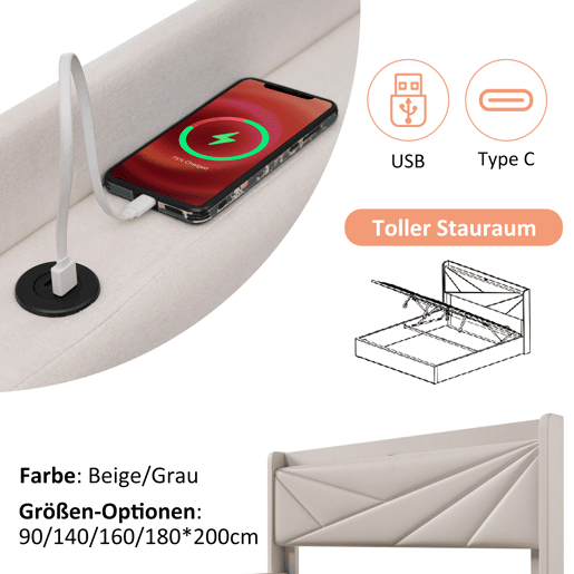Cama contentora em tecido de linho 140x200 cm - com porta USB e estrado - Bege
