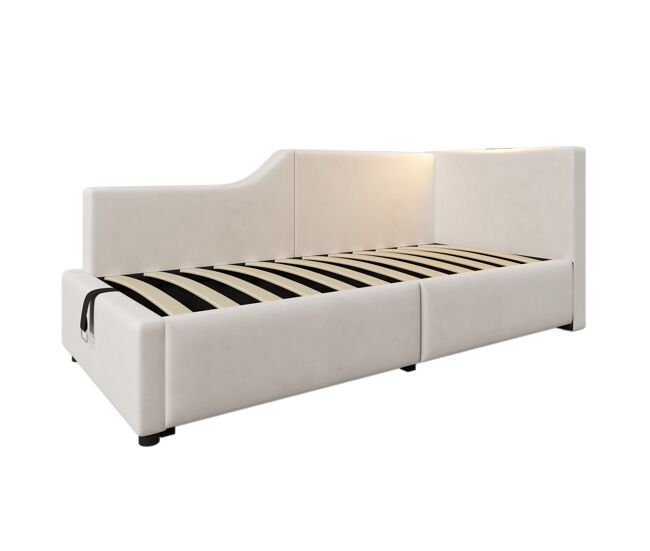 Cama contenedor 90x200cm - sofá cama de terciopelo - con luz de lectura y puertos de carga - con somier - beige