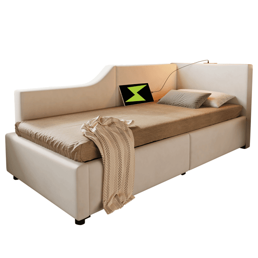 Contentor-cama 90x200cm - Sofá-cama em veludo - com luz de leitura e portas de carregamento - com estrado de molas - Bege
