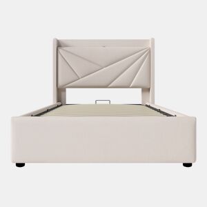 Cama contentora em tecido de linho 90x200 cm - com porta USB e estrado - Bege