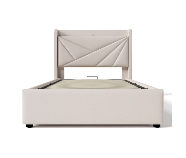 Cama contenedor de tela de lino 90x200 cm - con puerto usb y somier - beige