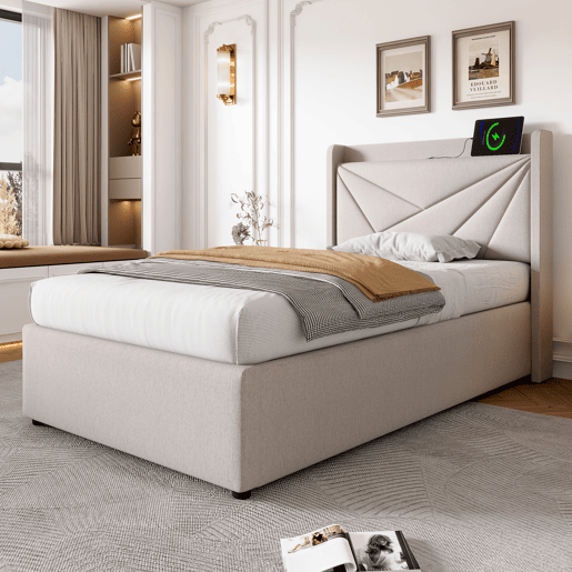 Cama contentora em tecido de linho 90x200 cm - com porta USB e estrado - Bege