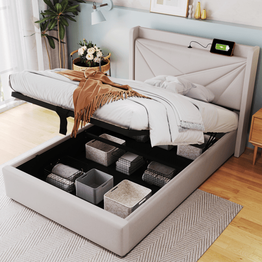 Cama contentora em tecido de linho 90x200 cm - com porta USB e estrado - Bege