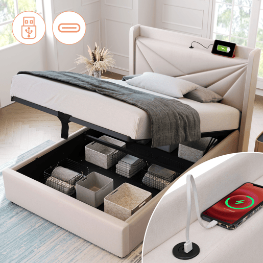 Cama contentora em tecido de linho 90x200 cm - com porta USB e estrado - Bege