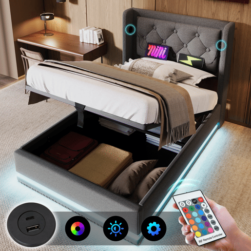 Cama contentora estofada de 90 x 200 cm em tecido de algodão - com função de carga e LED ao pé da cama - Cinzento