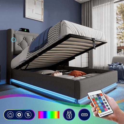 Cama contentora estofada de 90 x 200 cm em tecido de algodão - com função de carga e LED ao pé da cama - Cinzento