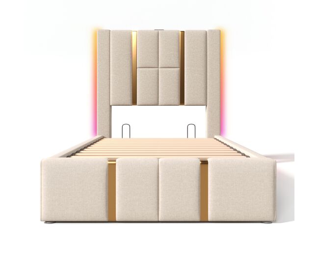 Cama baúl 90x200 cm tapizada en tela de lino - con led y función de carga - con somier de láminas - beige