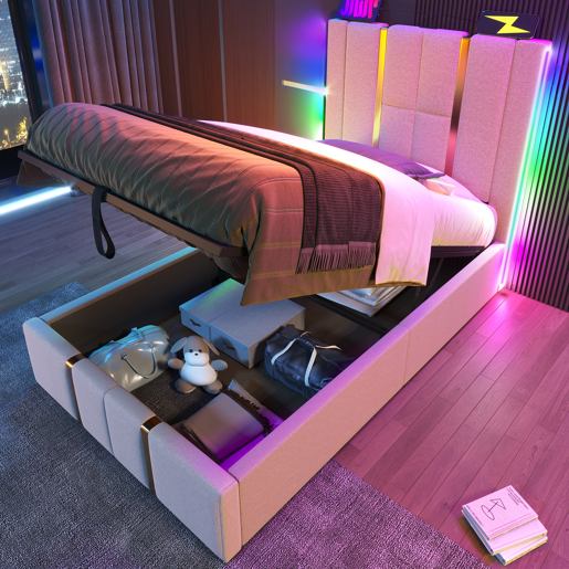 Cama de peito 90x200 cm estofada em tecido de linho - com LED e função de carregamento - com estrado de ripas - Bege