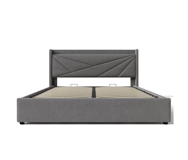 Cama contenedor de tela de lino 160x200 cm - con puerto usb y somier - gris