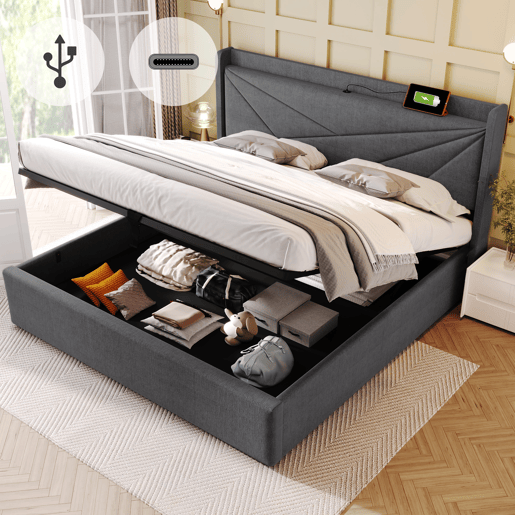 Cama contentora em tecido de linho 160x200 cm - com porta USB e estrado - Cinzento