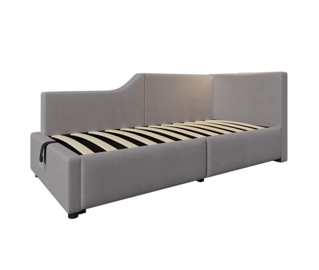 Cama contenedor 90x200cm - sofá cama de terciopelo - con luz de lectura y puertos de carga - con somier - gris
