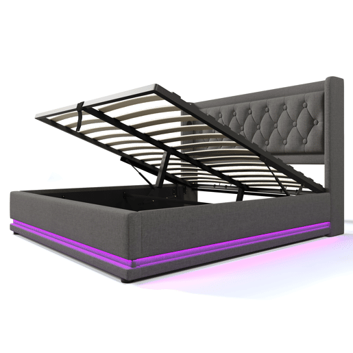 Cama contentora acolchoada 160 x 200 cm em tecido de algodão - com função de carga e LED ao pé da cama - Cinzento
