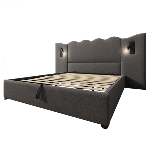 Cama para arrumação de roupa de cama 180x200 cm - com luz de leitura e função de carregamento - com estrado de ripas - Cinzento