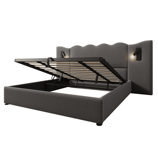 Cama para arrumação de roupa de cama 180x200 cm - com luz de leitura e função de carregamento - com estrado de ripas - Cinzento