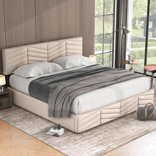 Cama de contentor em veludo com estrado de ripas + cabeceira regulável - 160x200cm - Bege